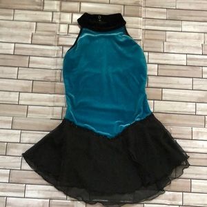 Teal black Figure Skating Dress Costume Velvet ladies XS